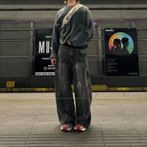 Threebooy American Hip Hop Harajuku High Street Streetwear Mens Wide Leg Pants Striped Tie Dye Washed Workwear Drape High Waisted Jeans